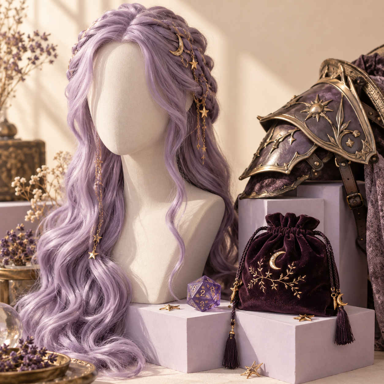 Composizione illustrativa con parrucca lilla, accessori fantasy e dado in resina